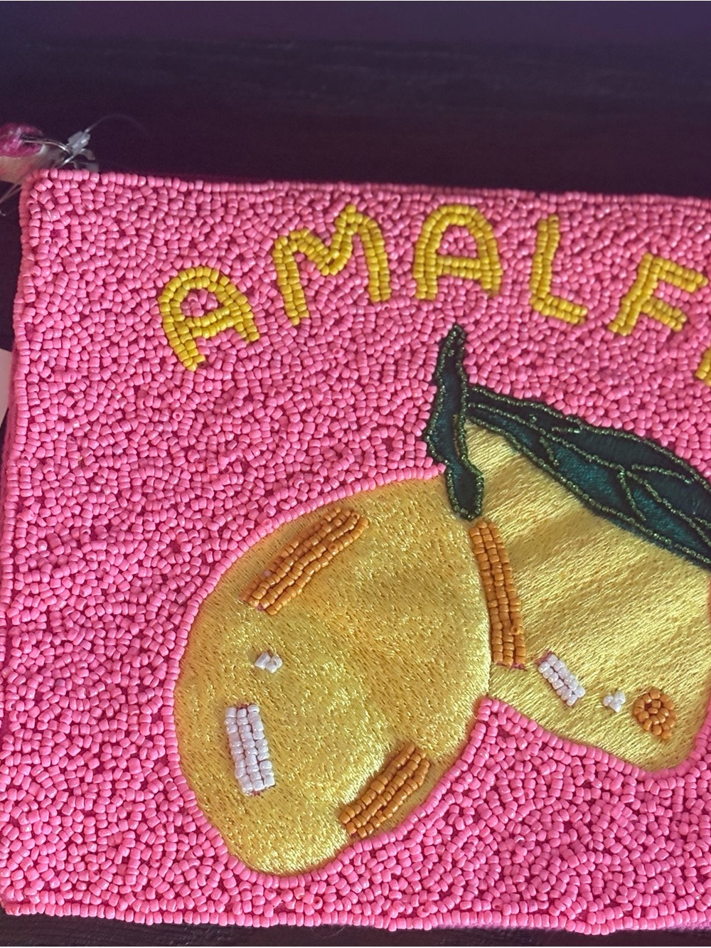 Express Edit Pink Beaded Lemon Pouch with Yellow Embroidery